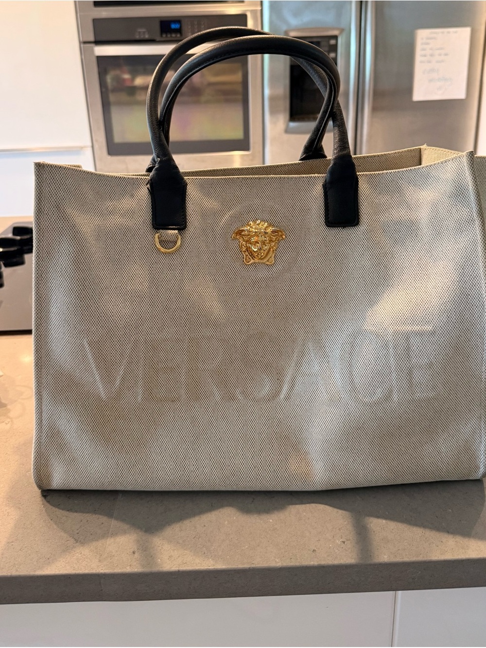 Versace Beige Tote with Black Leather Handles and Gold Medusa